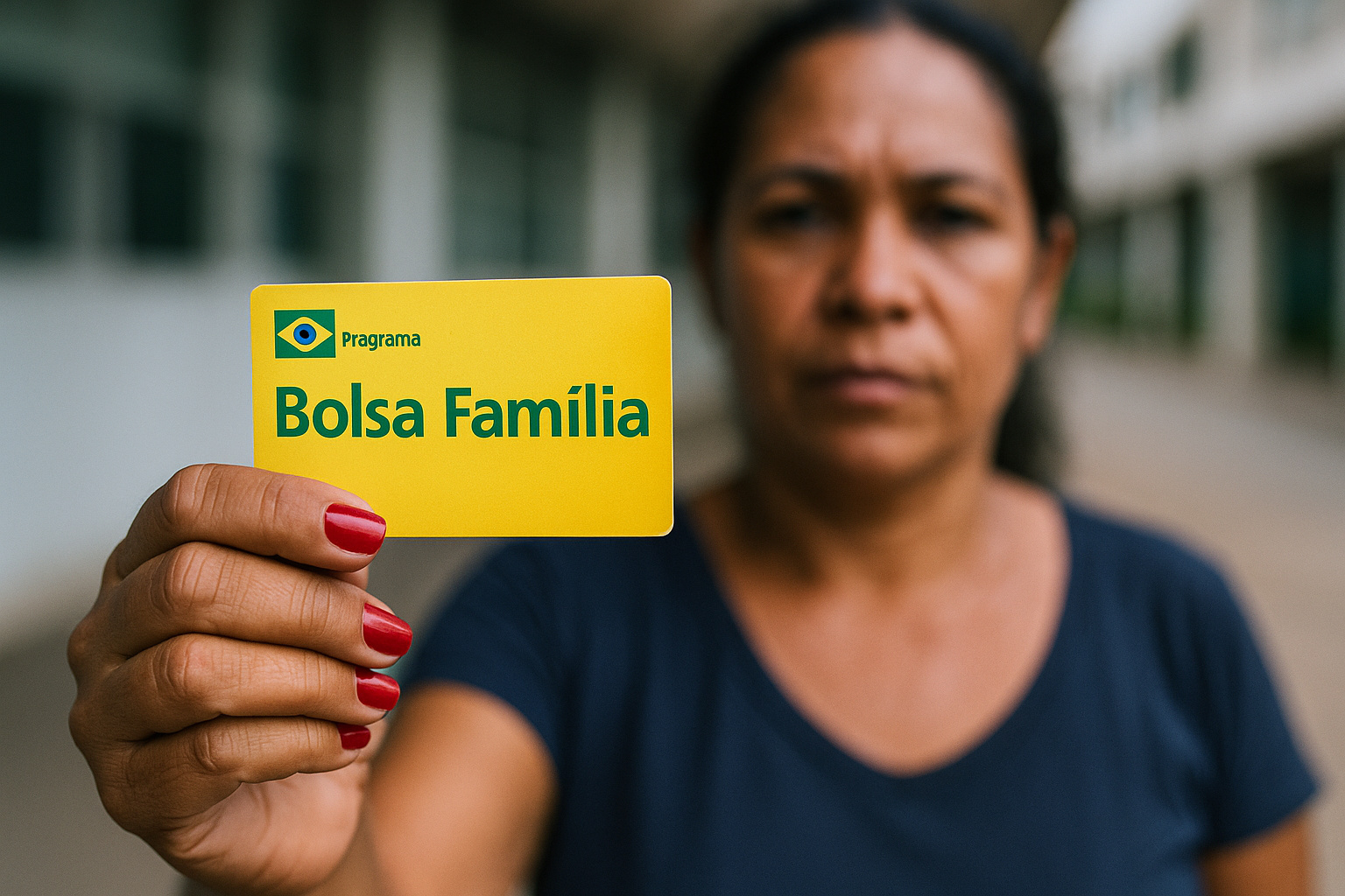 Mão de mulher segurando cartão do Bolsa Família em primeiro plano, simbolizando acesso ao benefício social.