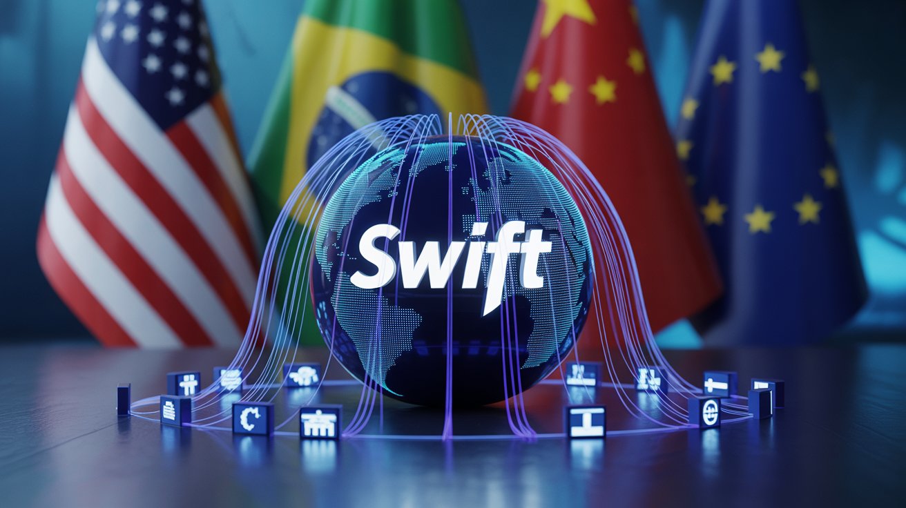 Logotipo do Swift em globo digital cercado por bandeiras dos EUA, Brasil e China.