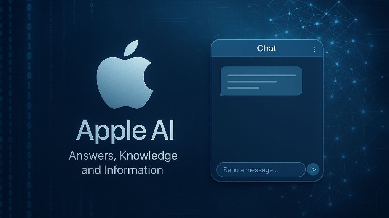 Ilustração mostrando interface do chatgpt da Apple, com logo da empresa, chatbot digital e rede neural ao fundo em estilo tecnológico moderno.