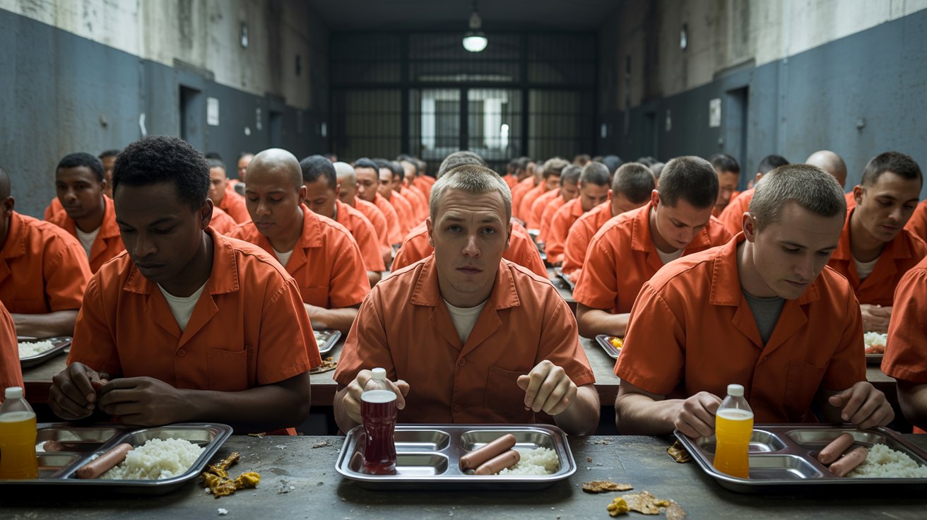 Preso com bandeja de arroz, feijão e pão em prisão dos EUA.