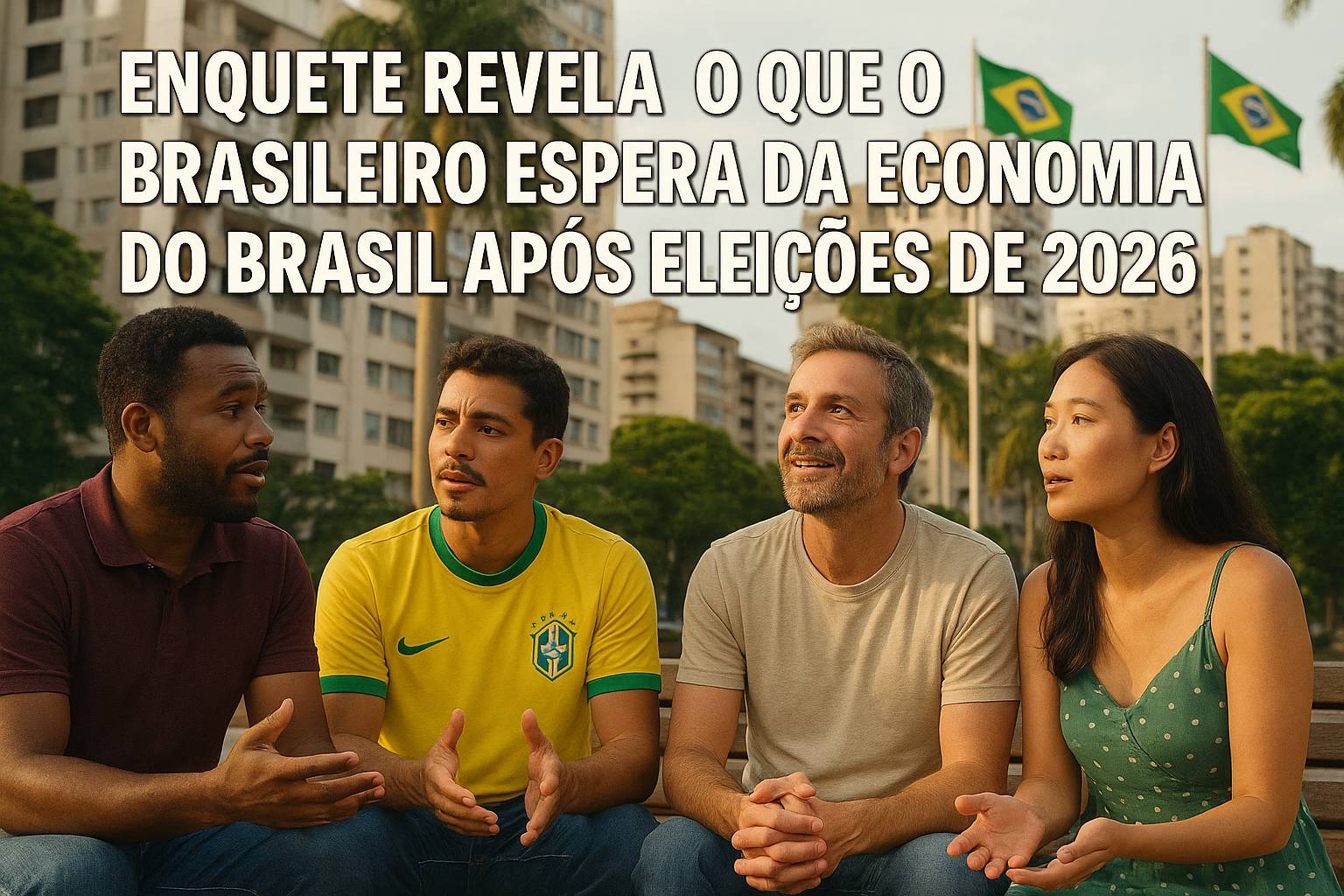 Quatro brasileiros conversam em praça pública sobre economia e futuro do Brasil, refletindo esperança após as eleições de 2026.