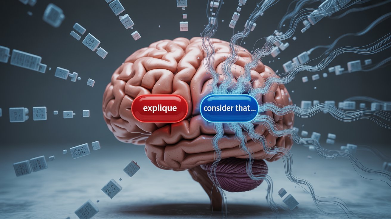 Cérebro dividido entre áreas desligadas e ativas, com botão vermelho escrito “Explique” desativando parte da mente, e botão azul “Considere que...” iluminando circuitos criativos, representando o funcionamento da IA com diferentes tipos de comandos.