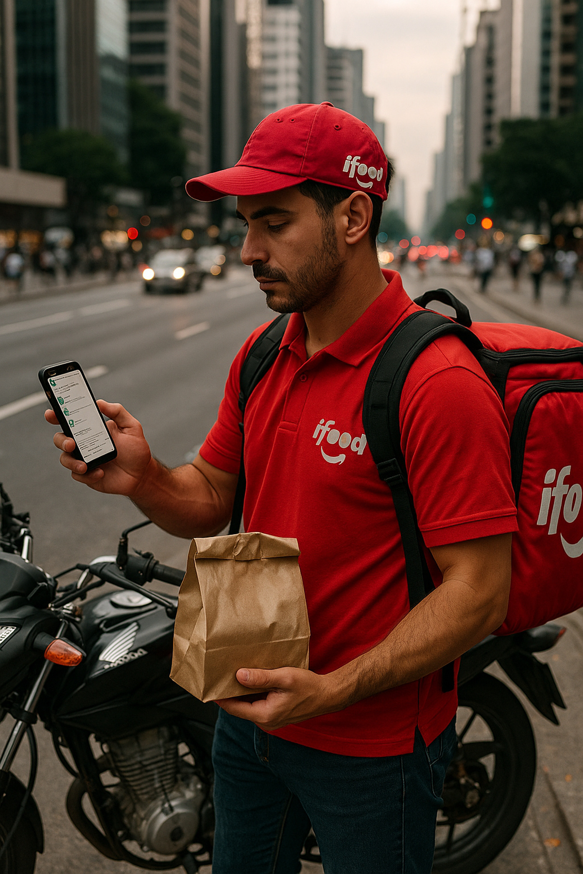 Entregador do iFood prepara entrega turbo em avenida movimentada de São Paulo ao entardecer, segurando refeição acessível e smartphone