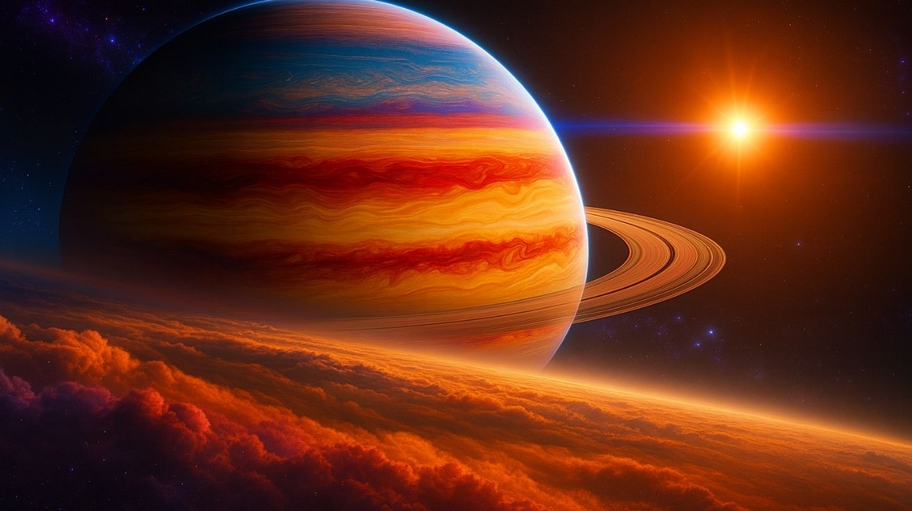 Ilustração de um planeta gigante gasoso com anéis orbitando Alpha Centauri A, inspirado em observações do James Webb.