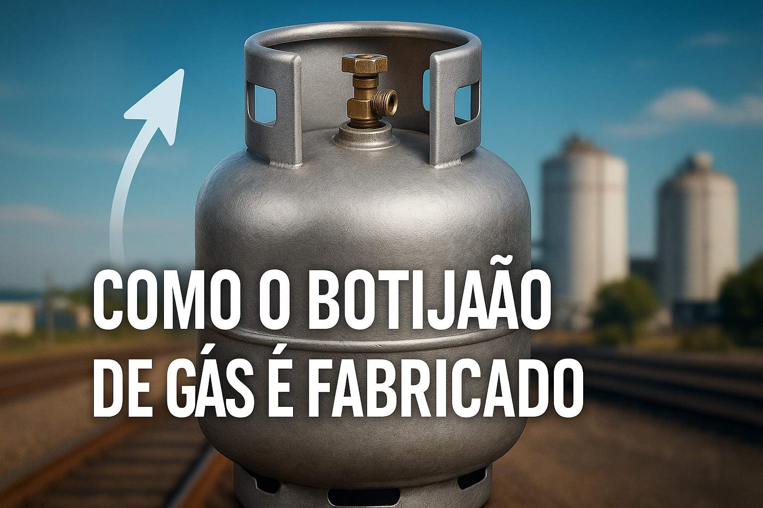 Botijão de gás metálico em destaque, ilustrando matéria sobre fabricação, testes e envase do produt