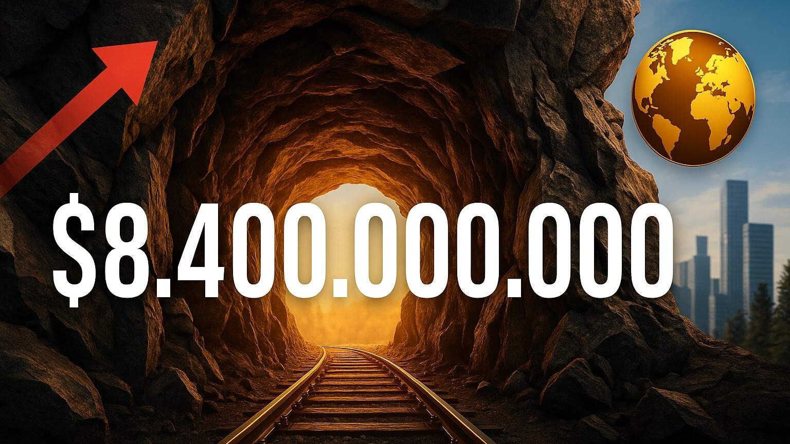 Entrada de mina iluminada com trilhos de ferro, destacando valor bilionário em ouro ligado ao tesouro dos EUA.