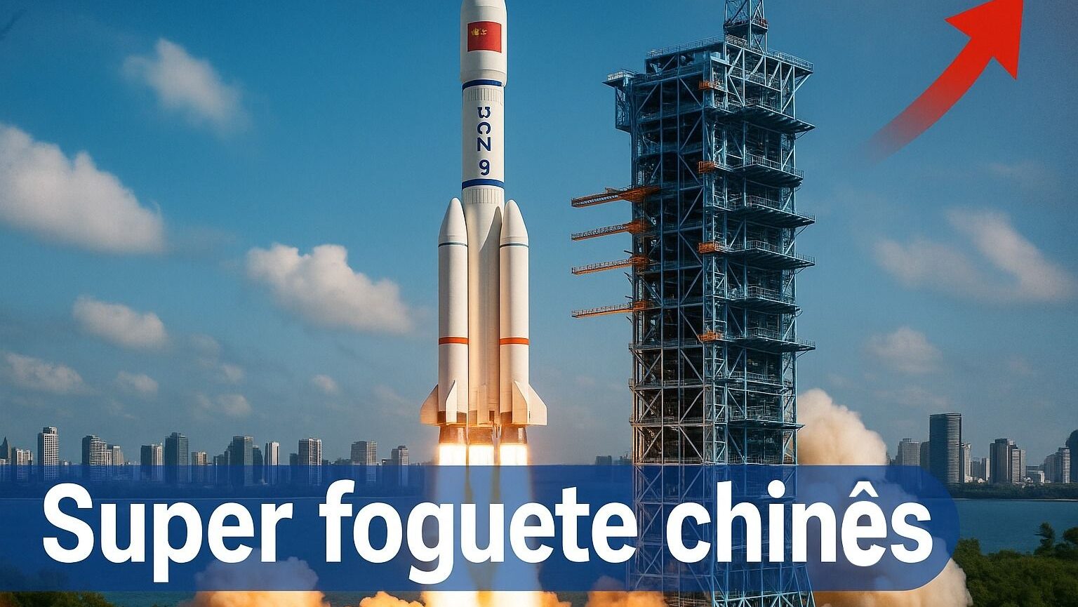 Foguete chinês de grande porte decolando da base de lançamento, simbolizando o teste do modelo mais poderoso da China.