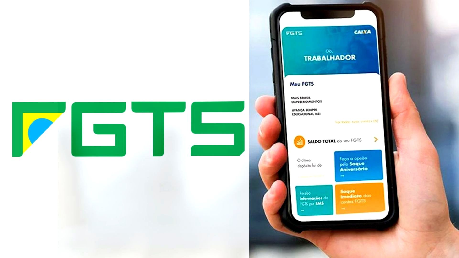 Mão segura celular com aplicativo FGTS aberto e logotipo oficial do FGTS ao lado.