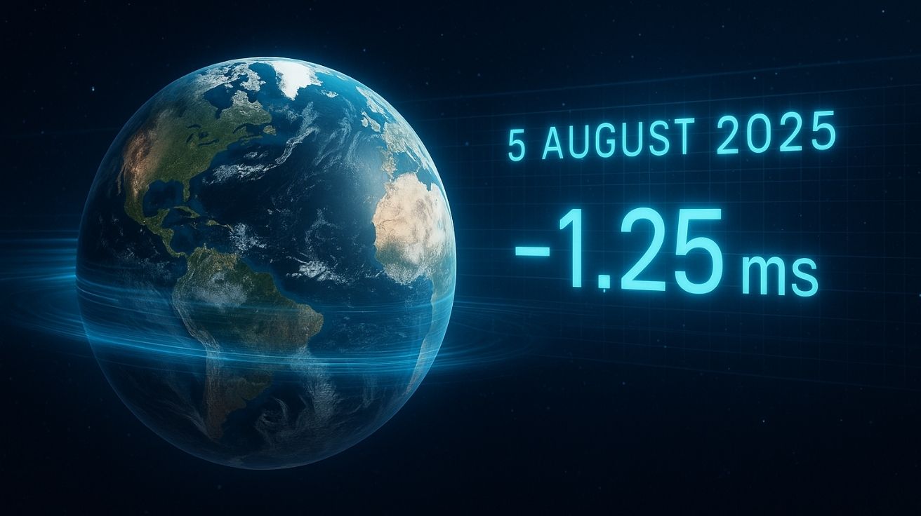 Ilustração digital mostrando o aumento na velocidade da Terra, com o planeta girando rapidamente, data 5 de agosto de 2025 e redução de 1,25 ms em destaque.