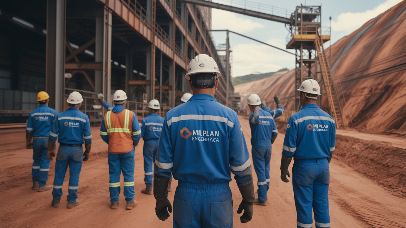 Trabalhador da Milplan Engenharia em Ouro Branco (MG) com capacete e uniforme em canteiro de obras industrial
