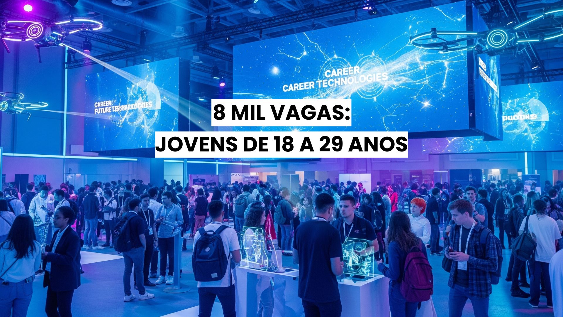 Ambiente moderno de feira de carreiras com jovens interagindo em estandes tecnológicos e telas digitais, destacando oportunidades profissionais para pessoas de 18 a 29 anos.