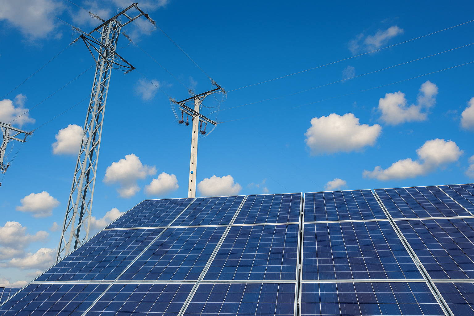 Painéis solares e postes de energia sob céu azul com nuvens.