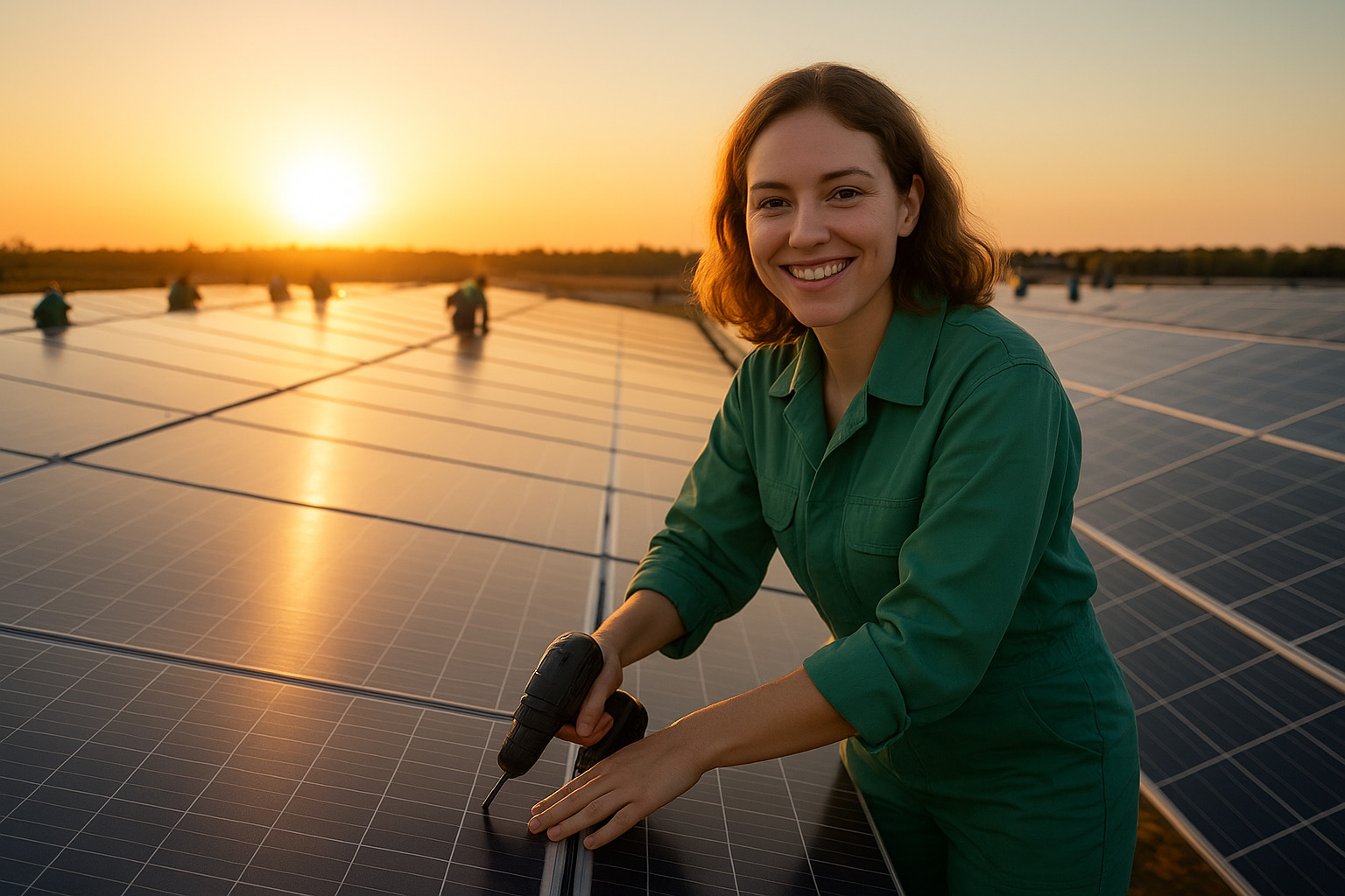 Mulher trabalhando na instalação de painéis solares ao pôr do sol.