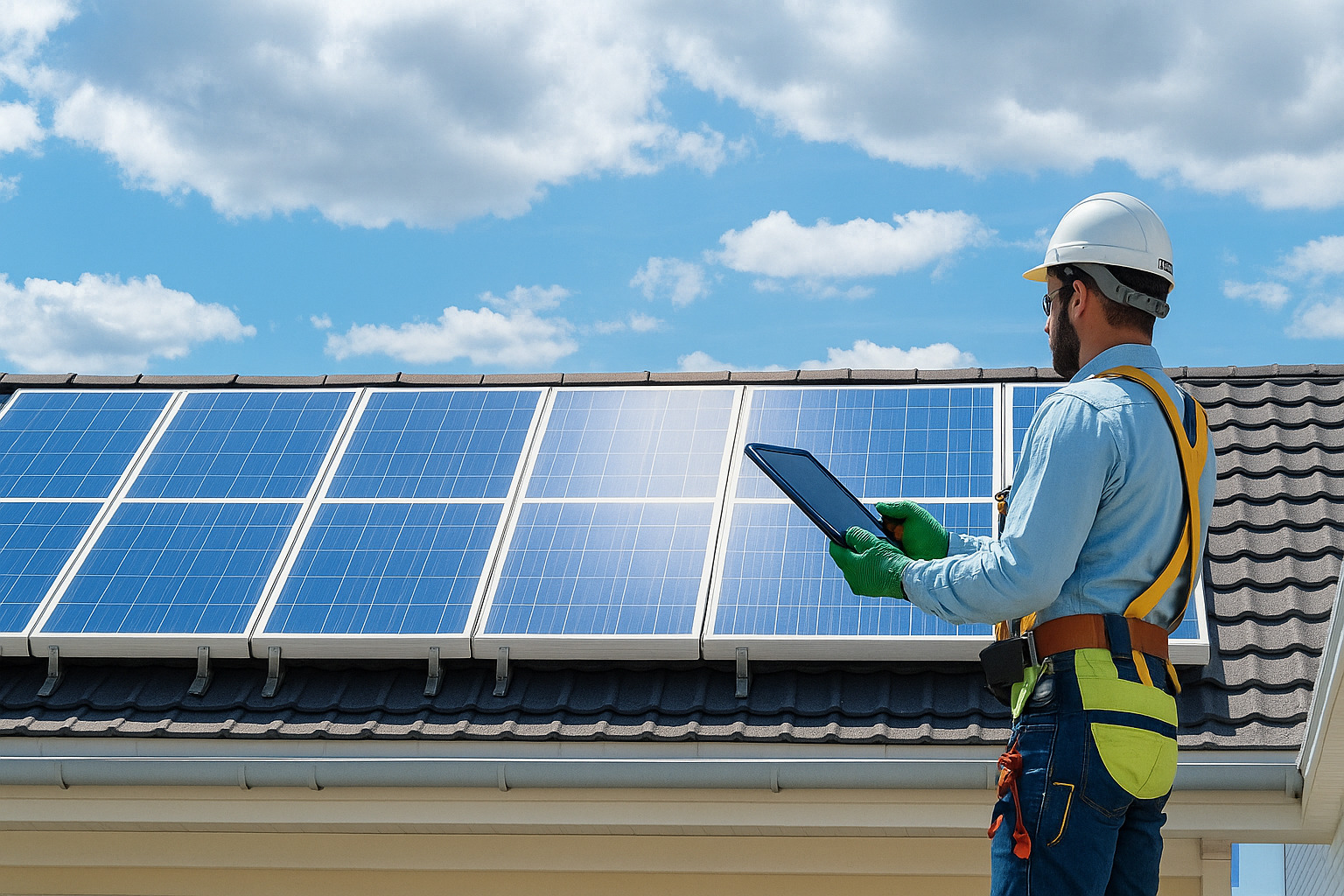 Técnico inspecionando painéis solares em telhado sob céu parcialmente nublado.