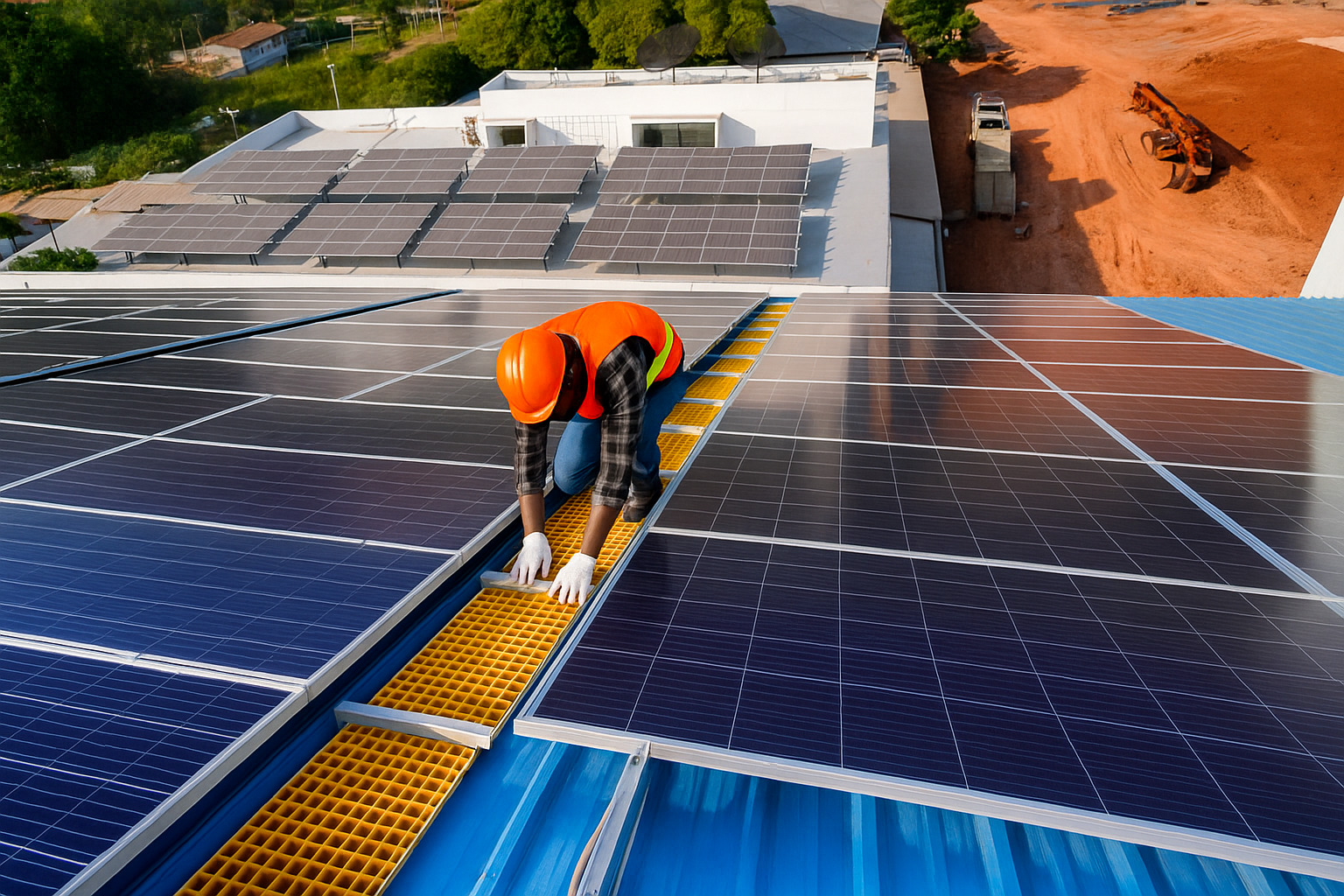 Profissional instala painel solar em telhado sob céu limpo e ensolarado.