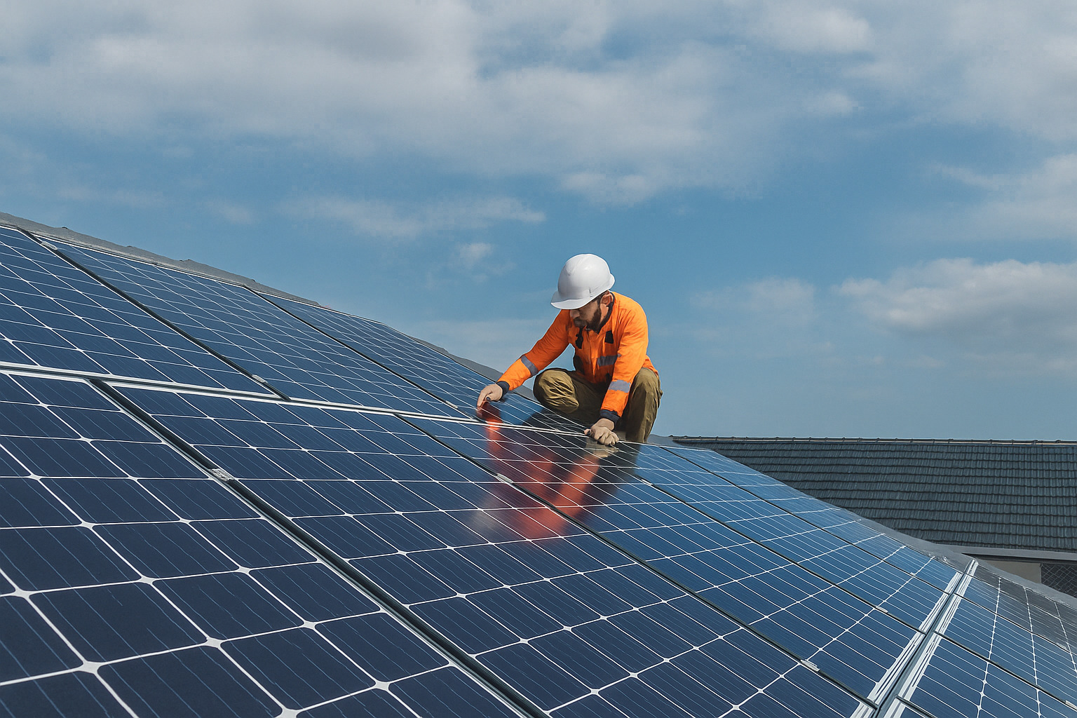 Técnico instala painéis solares em telhado sob céu ensolarado.