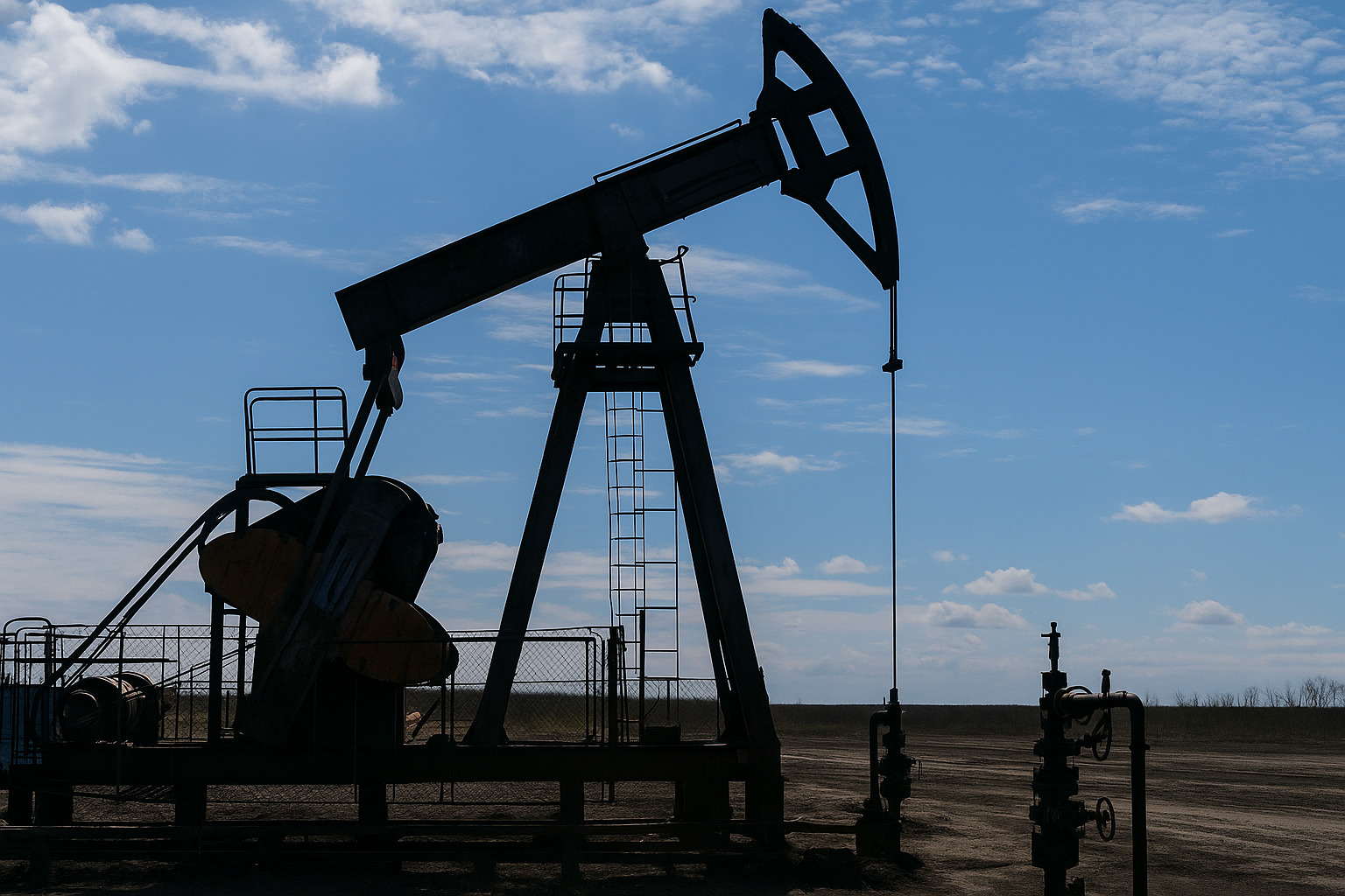 Bomba de extração de petróleo em operação sob céu azul com nuvens ao meio-dia.