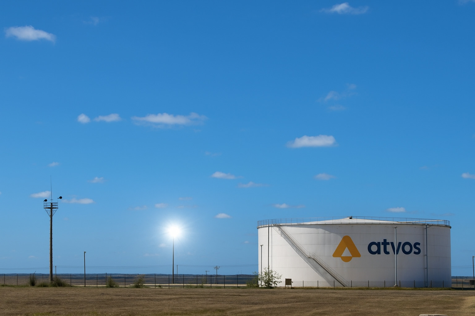 Tanque industrial da Atvos iluminado durante o dia sob céu claro.