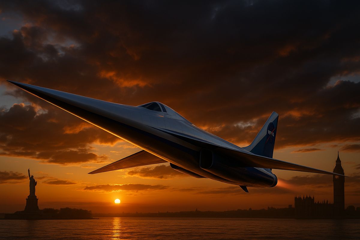Avião supersônico da NASA X-59, da missão Quesst, pode ligar Nova York e Londres em 3h44, superando o Concorde ao reduzir o estrondo sônico em voos comerciais.