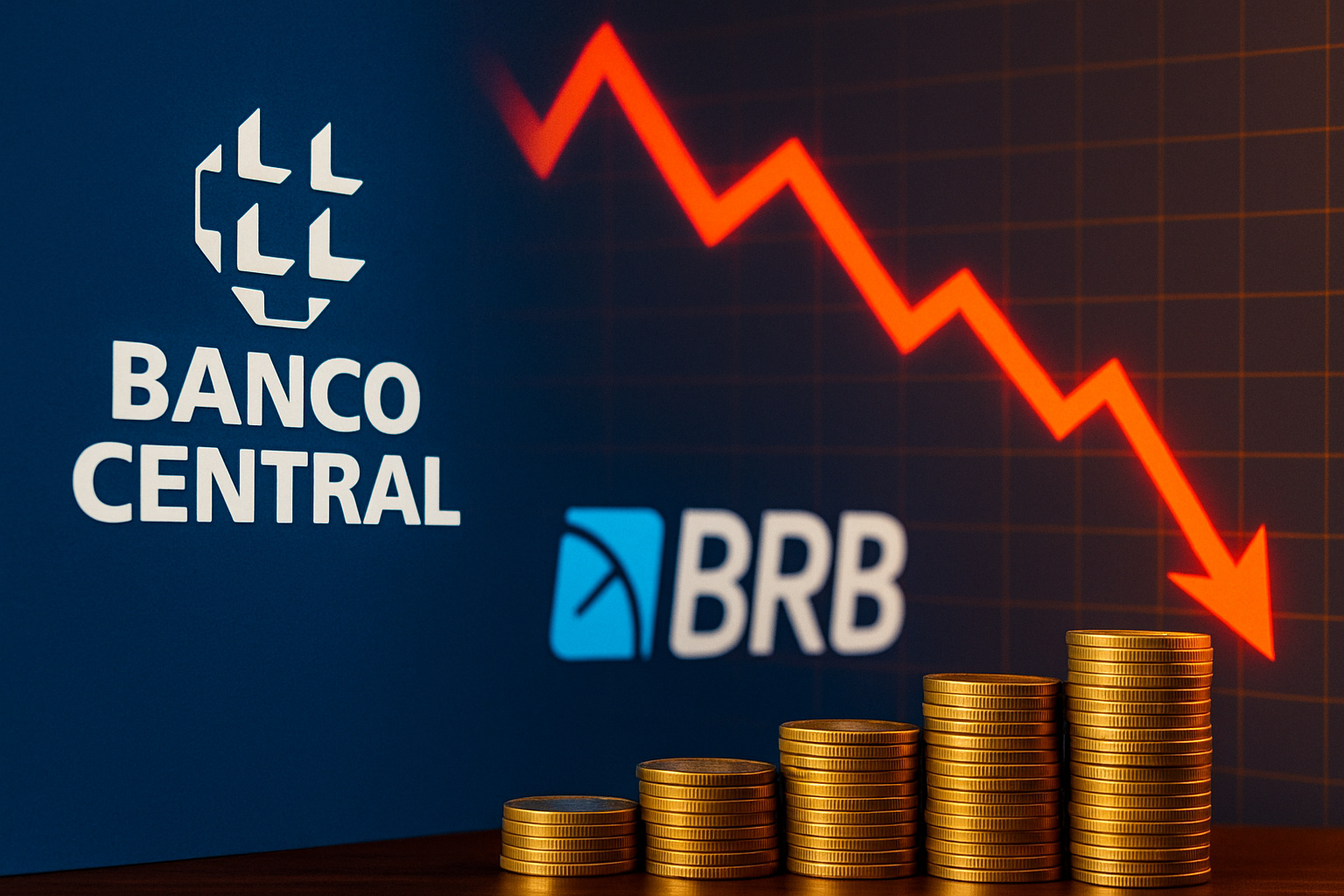 Gráfico em queda com logotipos do Banco Central e BRB simbolizando veto à venda do Banco Master e crise financeira.