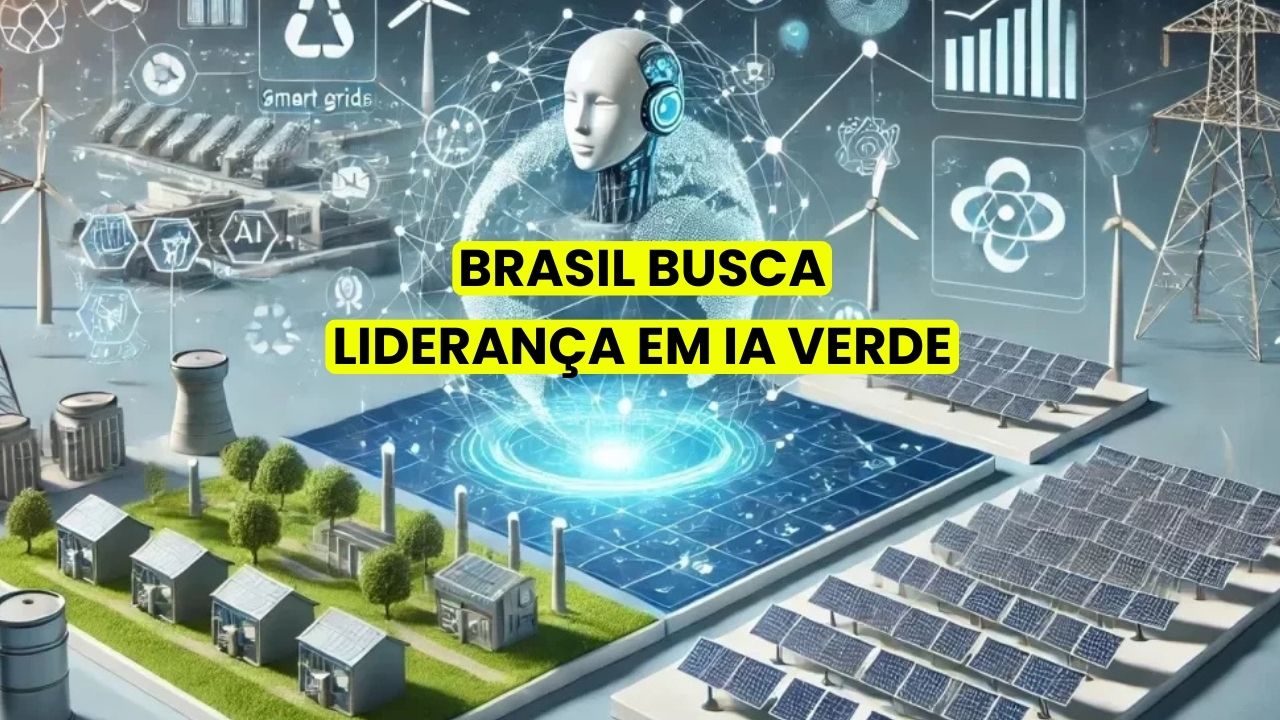 Imagem ilustrativa de um ambiente tecnológico e sustentável, com uma figura robótica central conectada a uma rede de energia inteligente (smart grid) e elementos de energia renovável