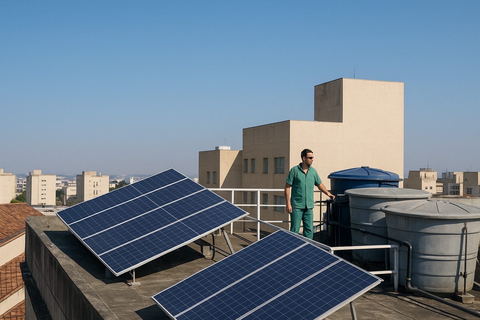 Painéis solares instalados em telhado urbano com técnico inspecionando reservatórios de água.