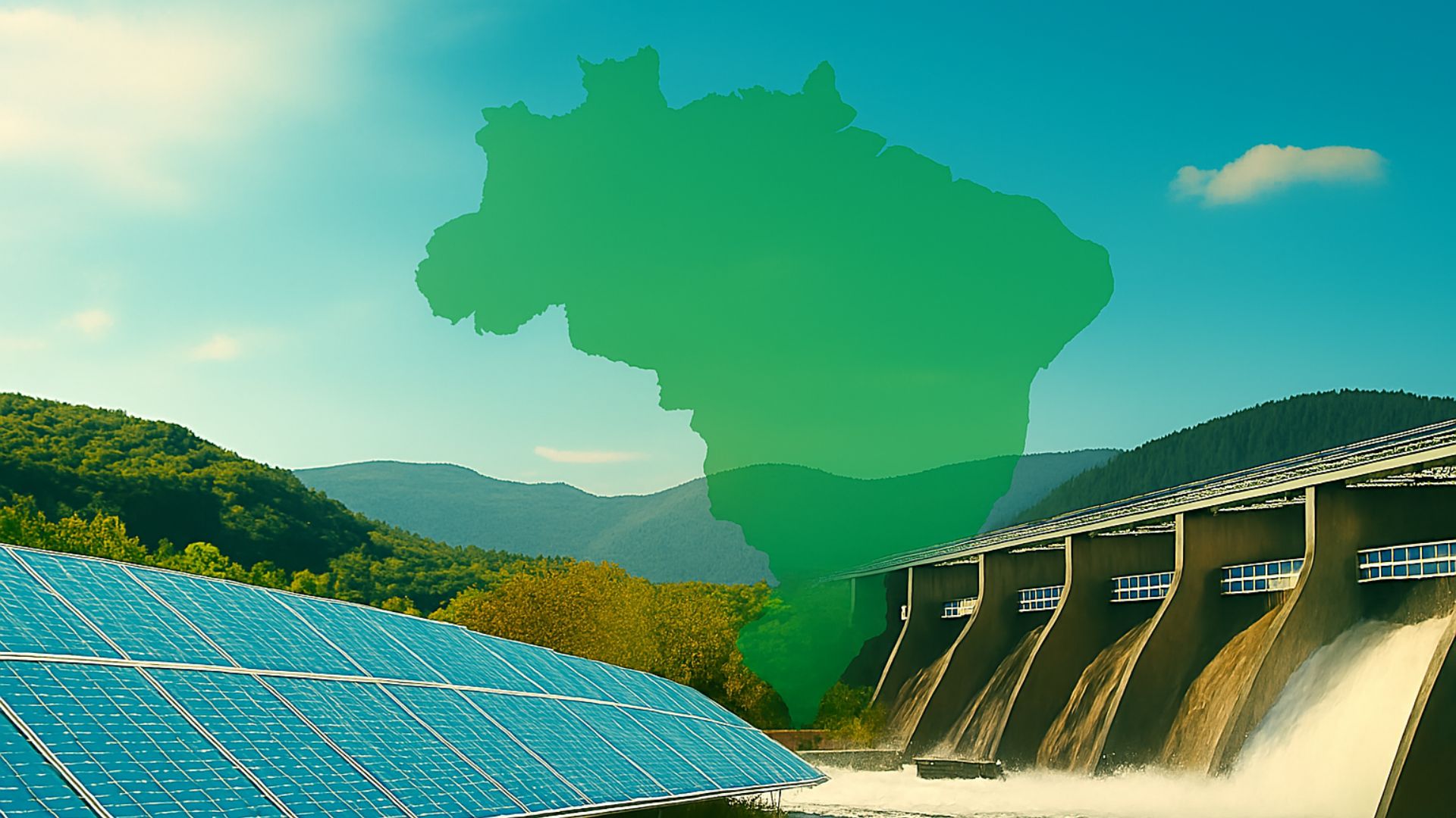 Paisagem brasileira com painéis solares à esquerda e uma hidrelétrica à direita, sobreposta por um mapa translúcido do Brasil em tons de verde, representando fontes de energia limpa em meio à natureza.