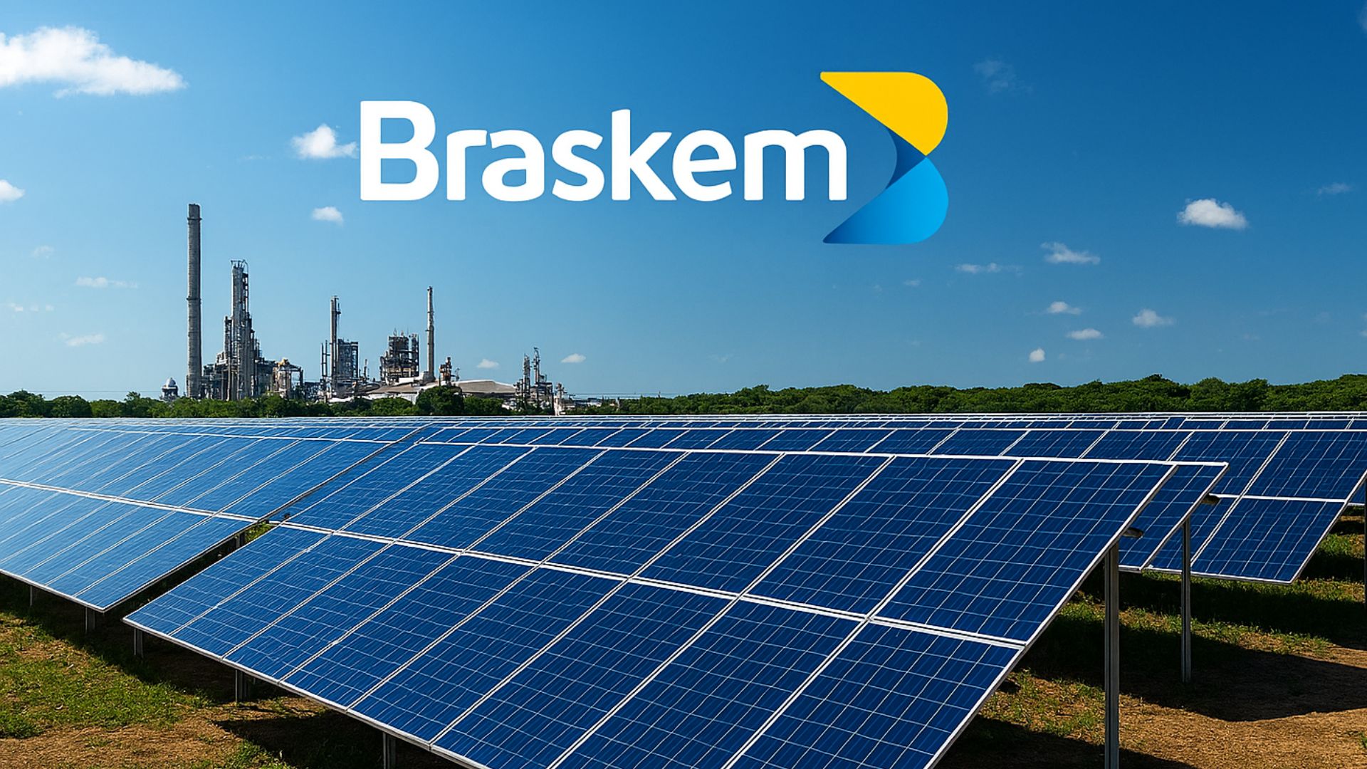 Painéis solares em campo aberto sob céu azul, com instalações industriais ao fundo e logotipo da Braskem centralizado na imagem.