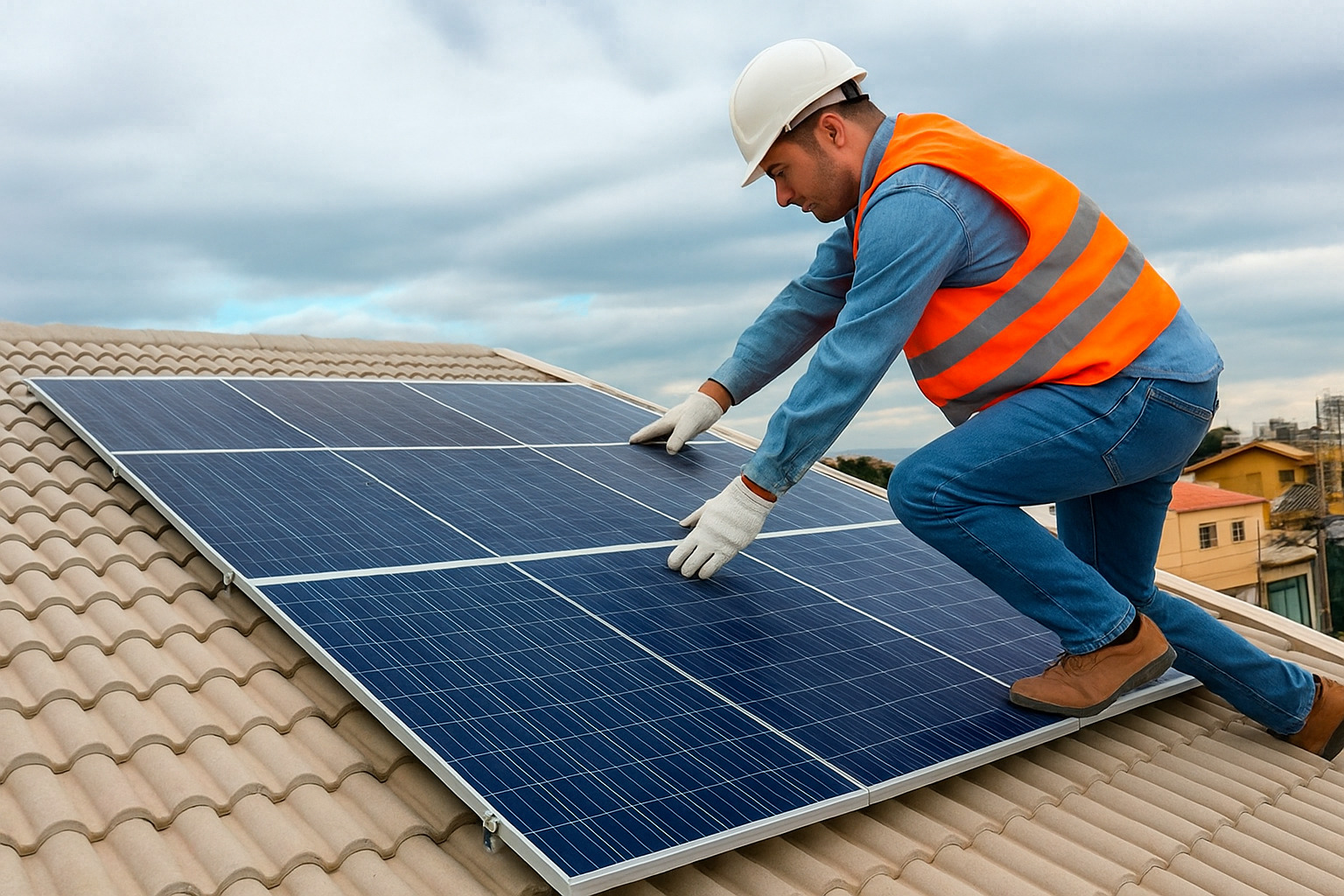 Profissional instalando painel solar em telhado residencial sob céu nublado.