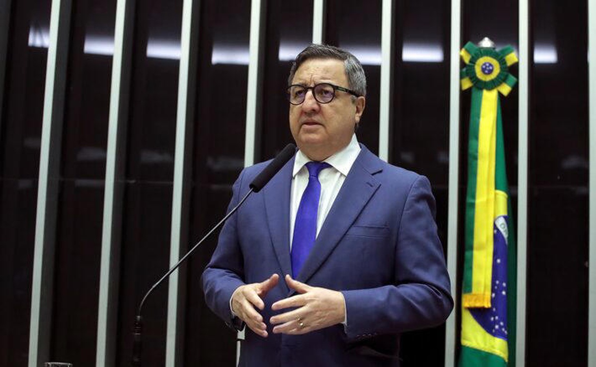 Deputado federal discursando no plenário com bandeira do Brasil ao fundo