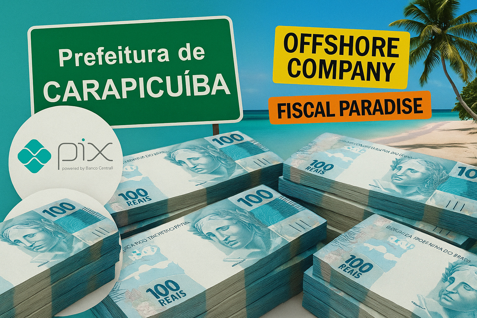 Pilhas de notas de 100 reais ao lado de placa da Prefeitura de Carapicuíba e cenário tropical das Bahamas representando offshores ligadas às emendas Pix