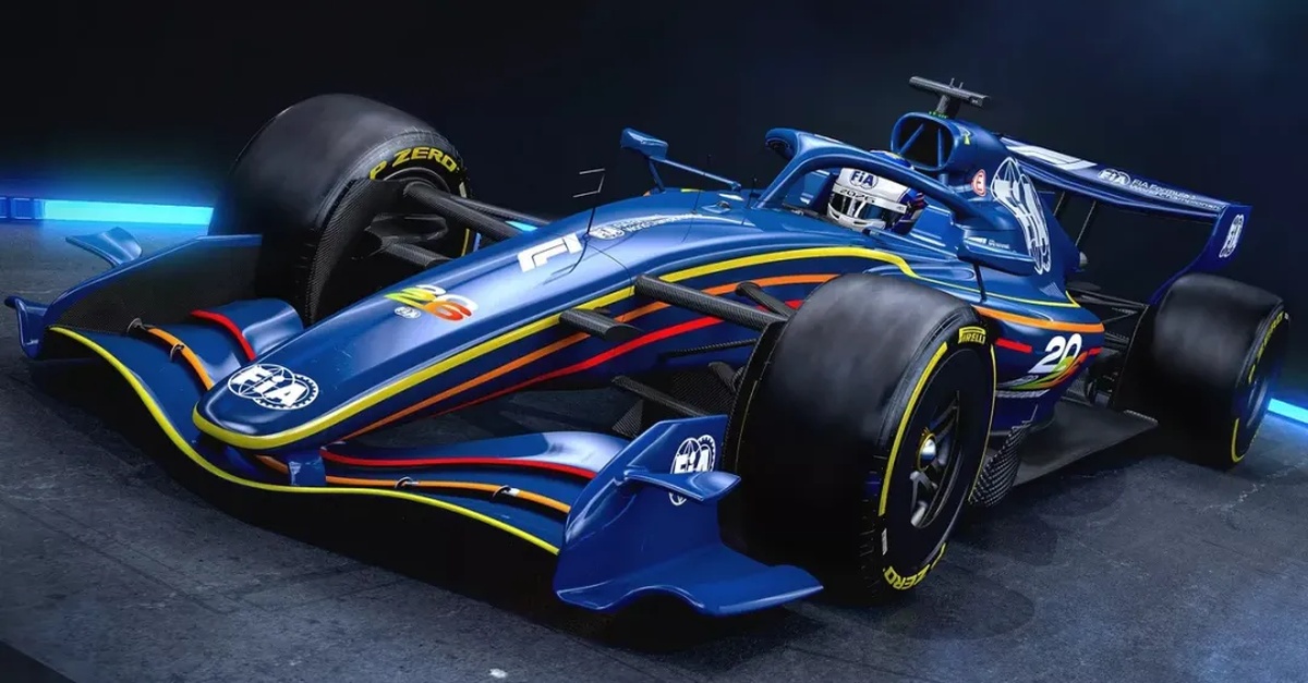 Carro de Fórmula 1 modelo 2026 com nova pintura azul, design aerodinâmico e pneus Pirelli em pista escura