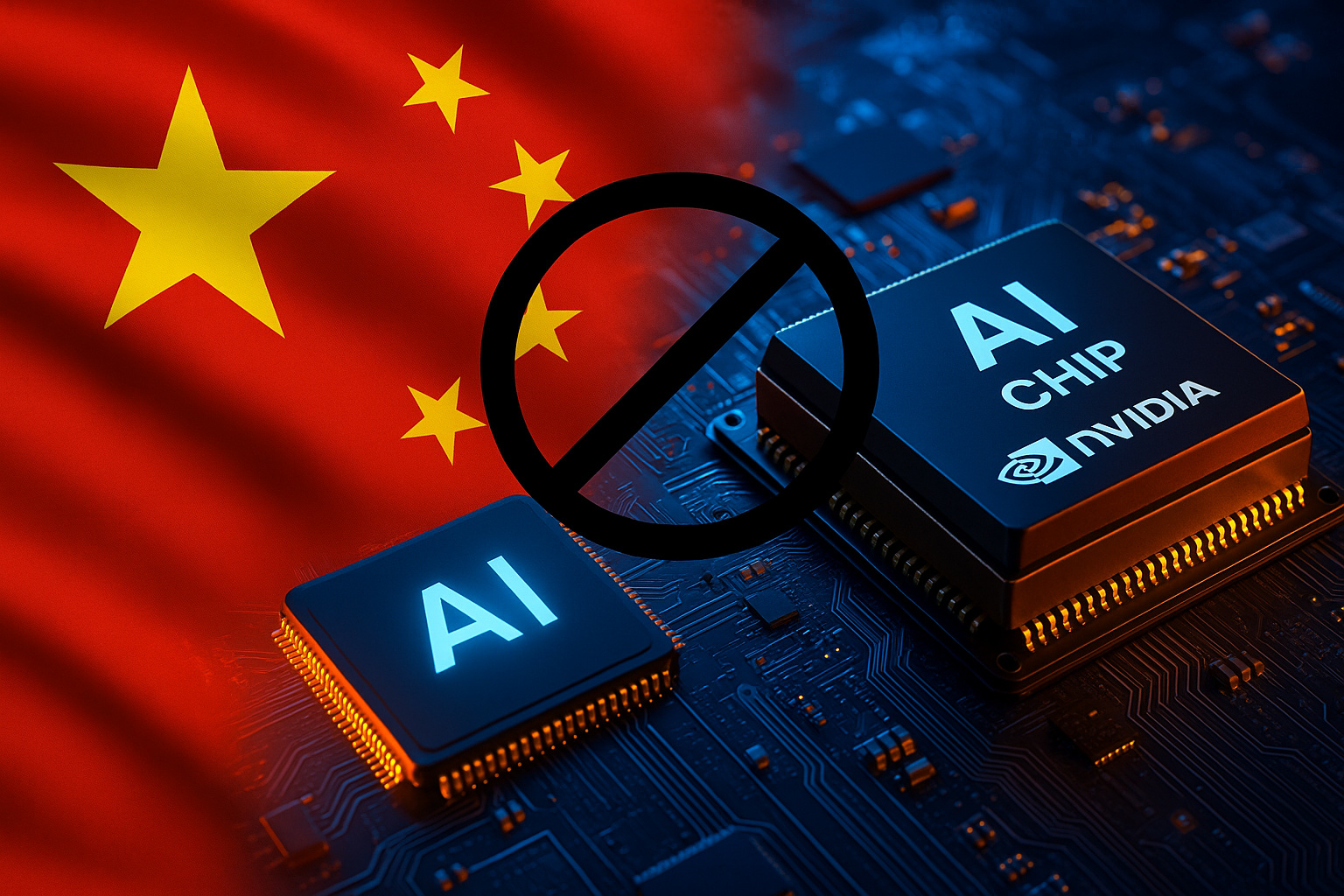 Bandeira da China ao fundo com chips de inteligência artificial da Nvidia bloqueados, simbolizando a proibição e a corrida por tecnologia nacional.