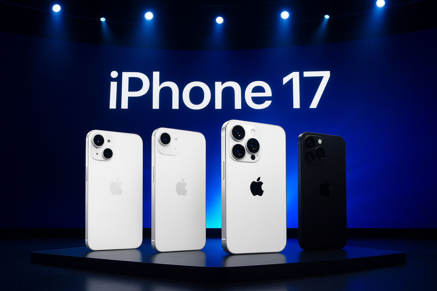 Modelos do iPhone 17 apresentados no palco da Apple durante evento oficial em Cupertino, com design refinado e iluminação azul futurista.