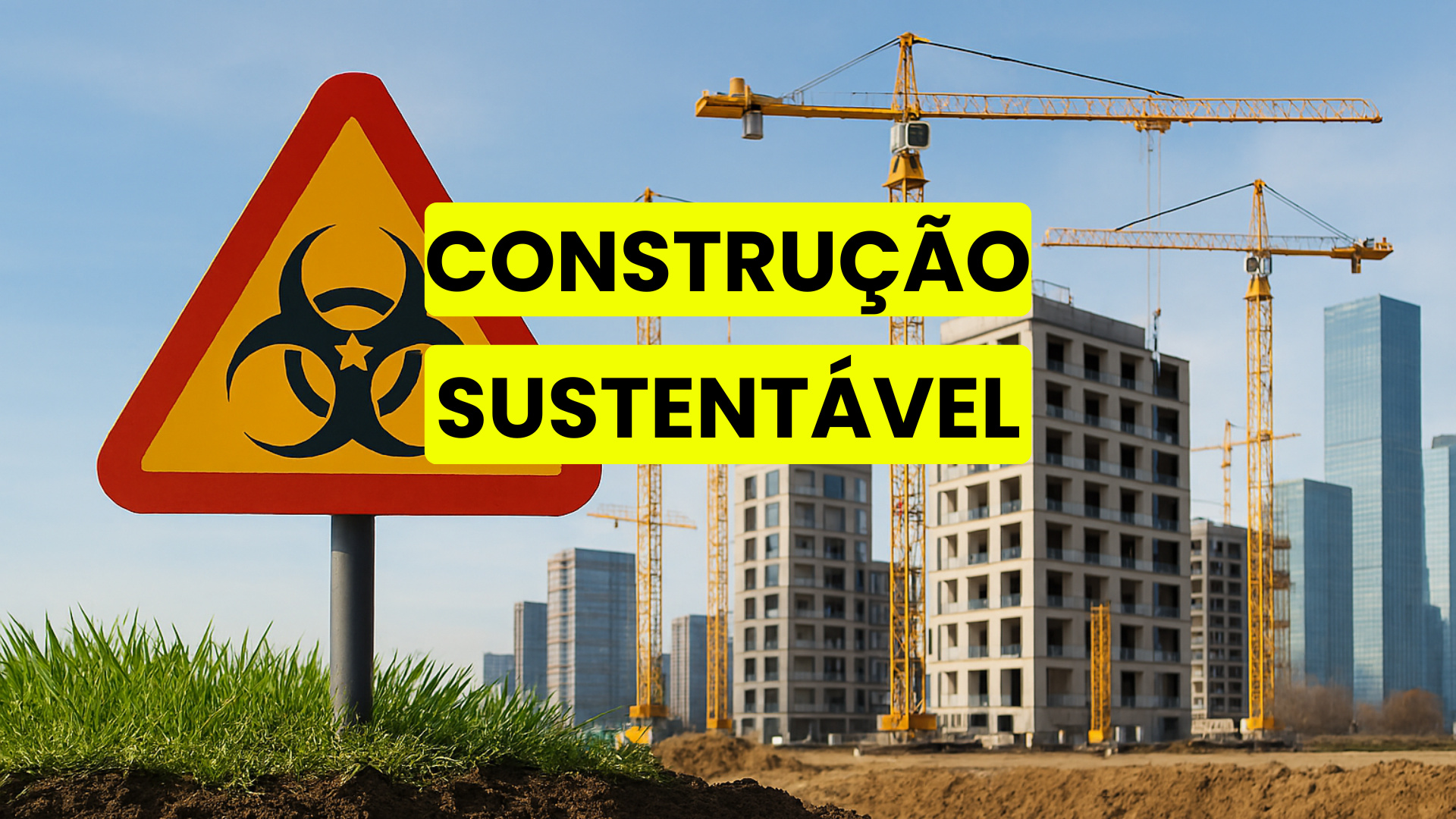 Foto de um canteiro de obras com guindastes e edifícios em construção ao fundo, e uma placa de risco biológico em destaque sobre um terreno gramado.