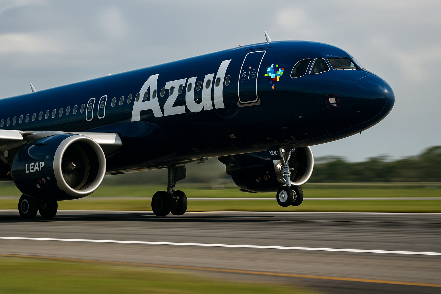 Avião da Azul decolando em pista, simbolizando a valorização de 127% das ações na bolsa em meio à recuperação judicial.