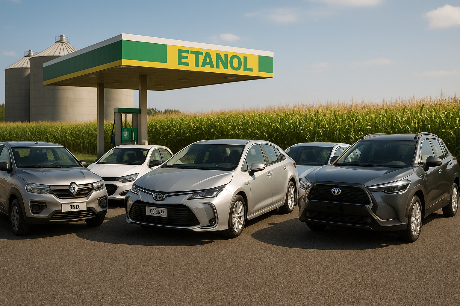 Carros mais econômicos com etanol em 2025 estacionados em posto de combustível