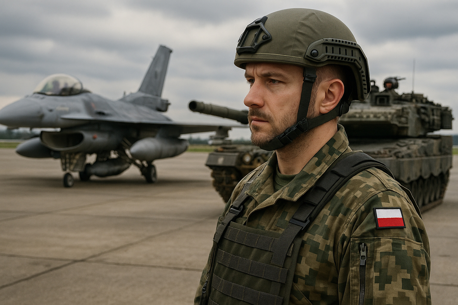 Soldado polonês em uniforme militar com tanque Leopard e caça F-16 ao fundo simbolizando investimento em defesa