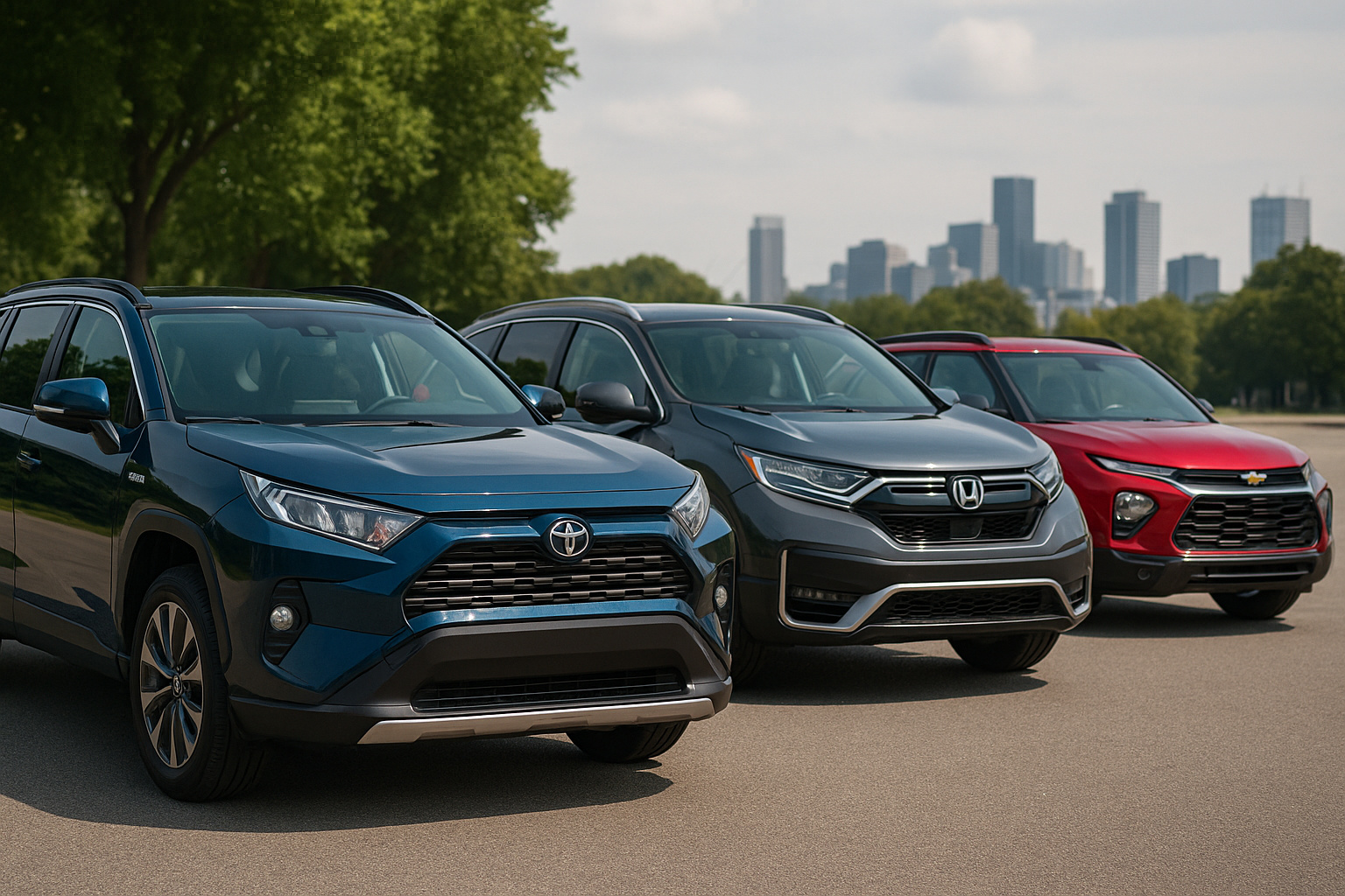 SUVs em 2025 em destaque: Toyota RAV4 híbrido, Honda CR-V e Chevrolet Tracker elétrico em cenário urbano moderno
