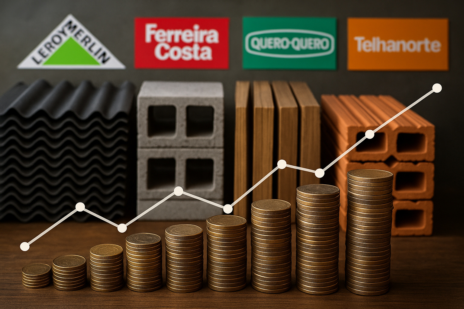 Gráfico de crescimento econômico em moedas com materiais de construção e logos de grandes redes brasileiras