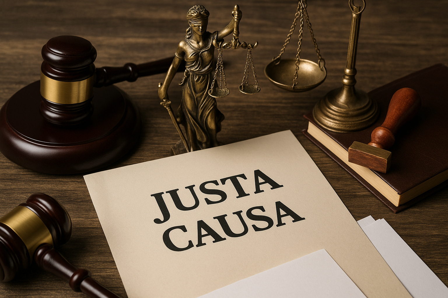 Documento com título “Justa Causa” ao lado de símbolos jurídicos como martelo, balança da justiça e estátua de deusa, representando decisão trabalhista.