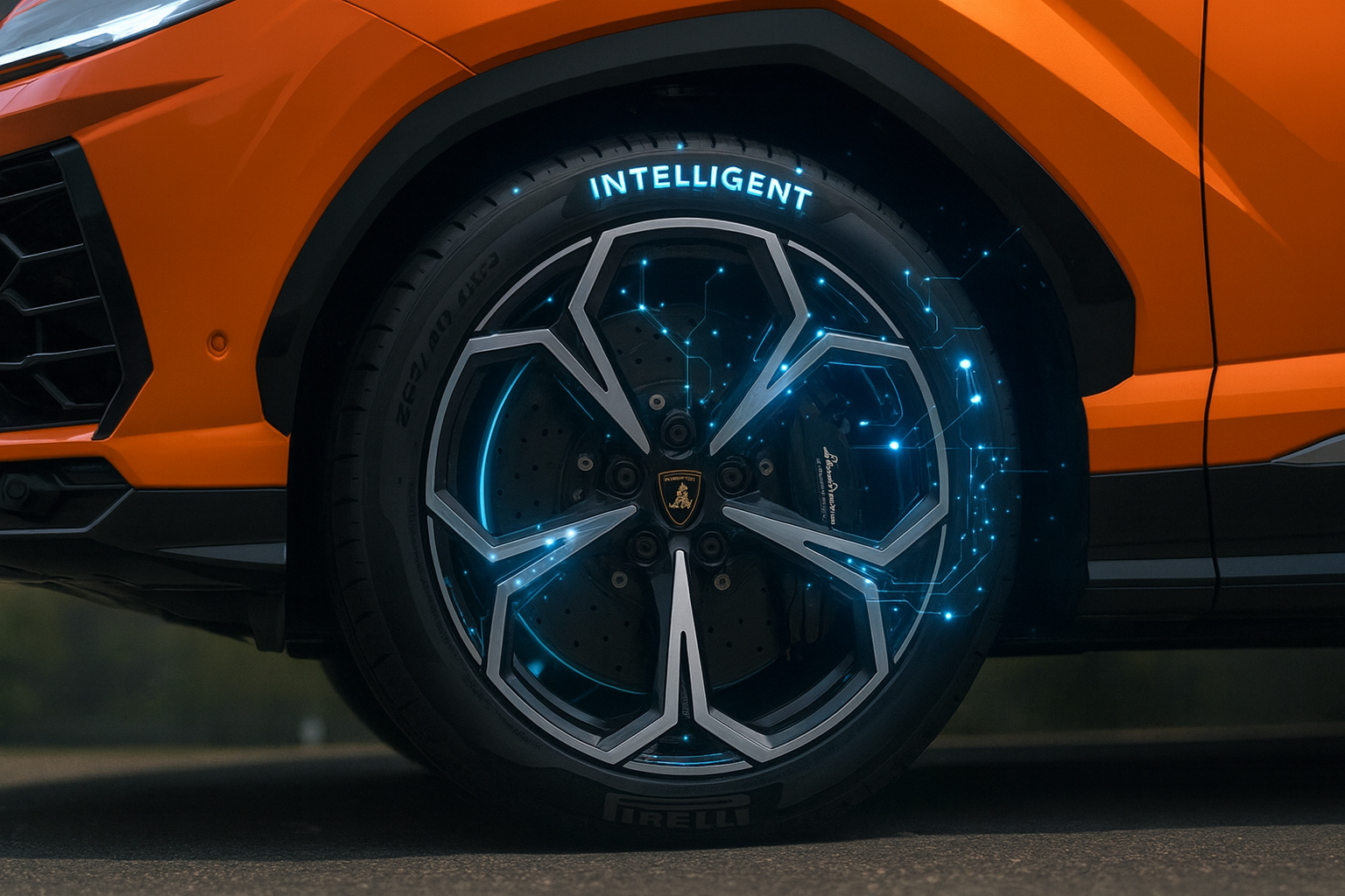 Pneu inteligente com detalhes digitais em carro esportivo laranja, destacando sensores e tecnologia de inteligência artificial embutida.
