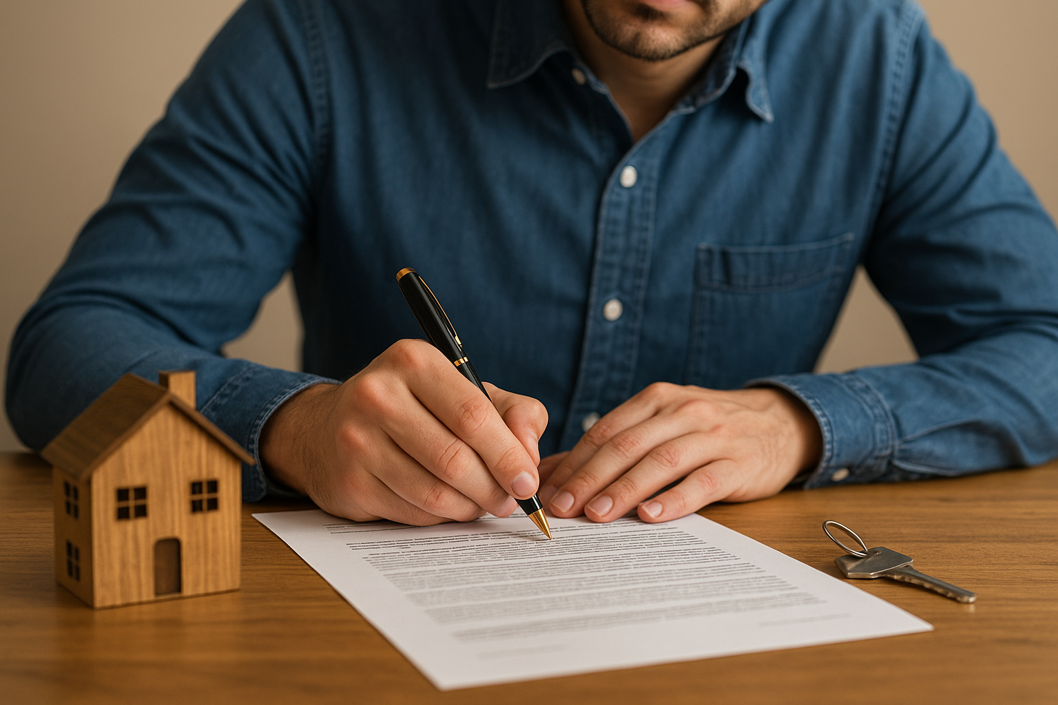 Homem assinando contrato imobiliário com chaves e miniatura de casa sobre a mesa, representando o pagamento do ITBI.