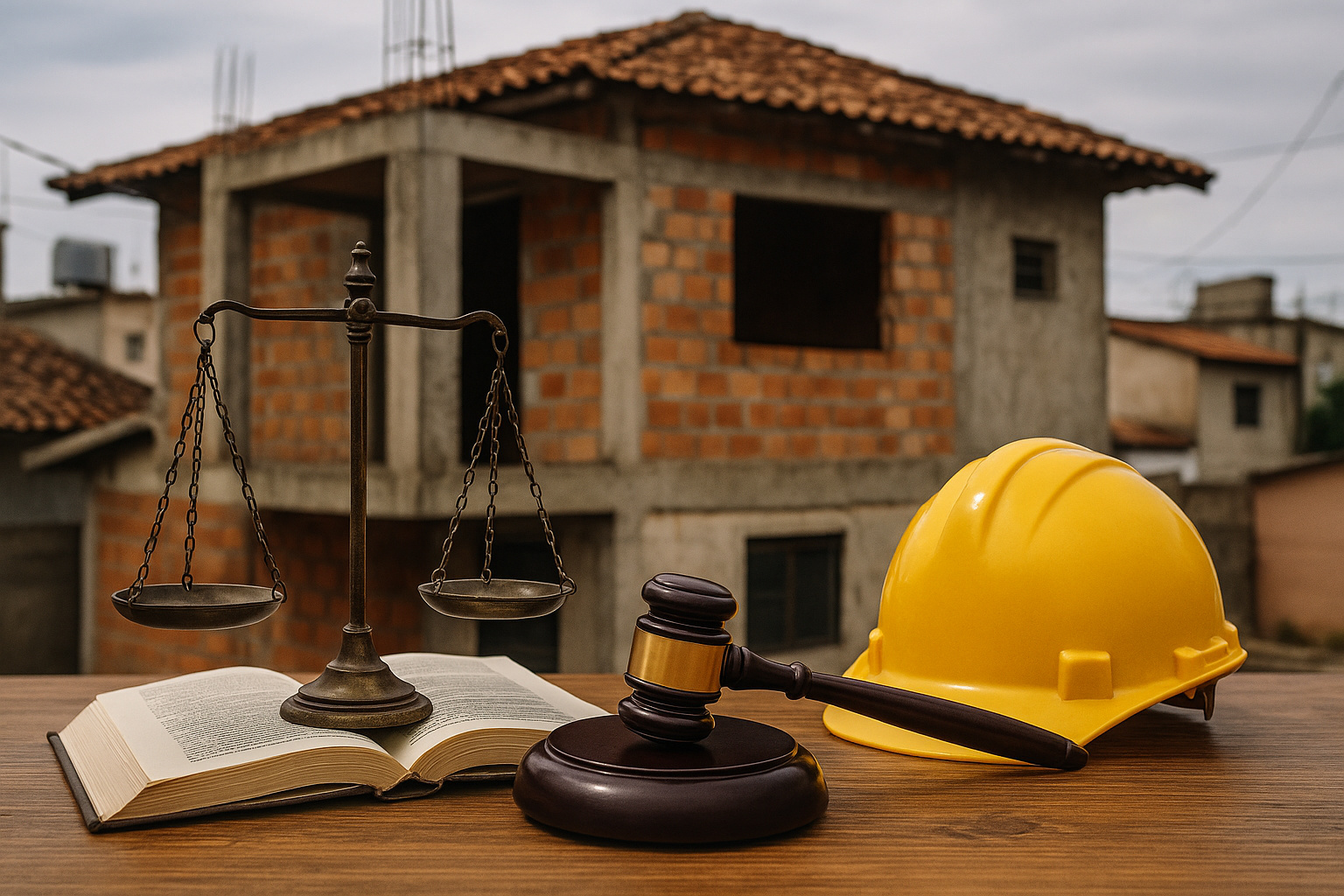 Construção em laje com símbolos jurídicos como balança, martelo e capacete, representando o direito de laje no novo Código Civil.