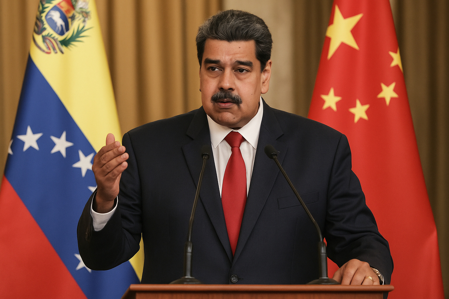 Nicolás Maduro discursa em frente às bandeiras da Venezuela e da China após adesão à proposta de governança global liderada por Xi Jinping.