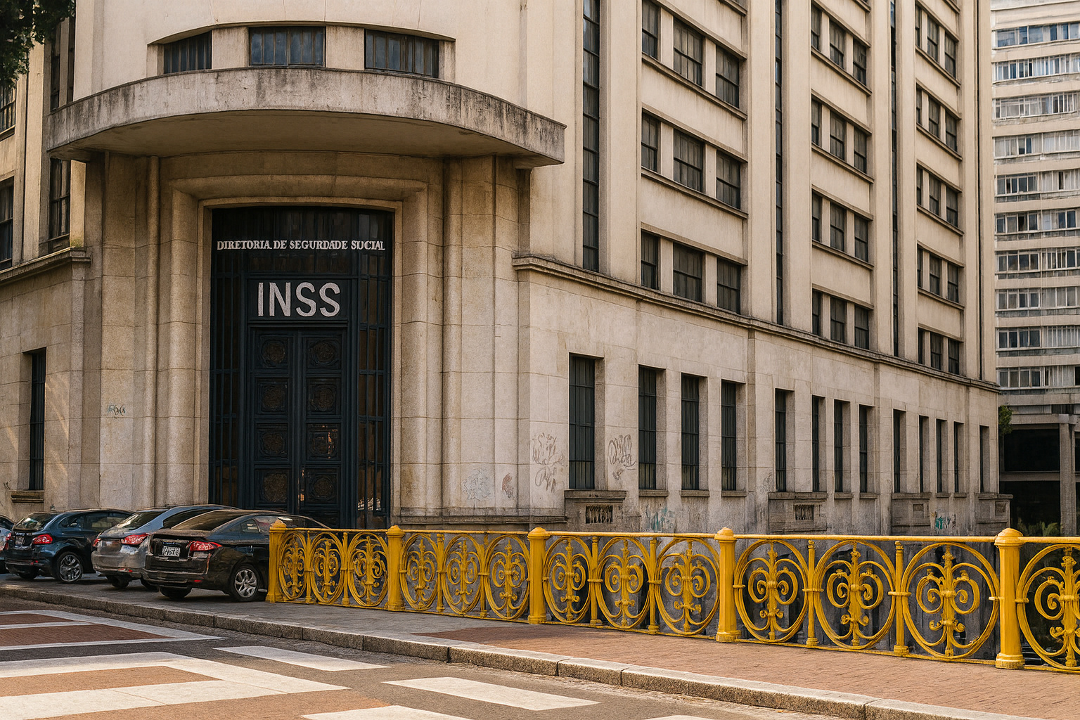 Fachada do prédio do INSS em São Paulo com destaque para a entrada principal e grades amarelas ornamentadas.