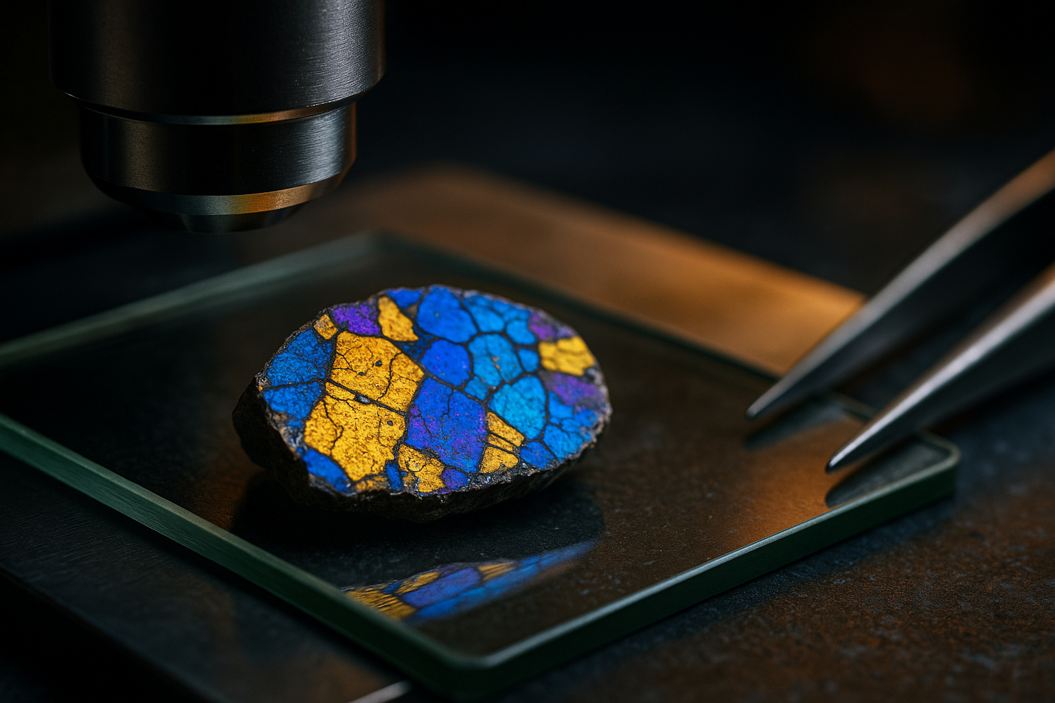 Cristal analisado sob microscópio exibe padrão óptico “mosaico” — mistura de azul, amarelo e roxo — observado em Quixeramobim (CE) por pesquisador da UFC.