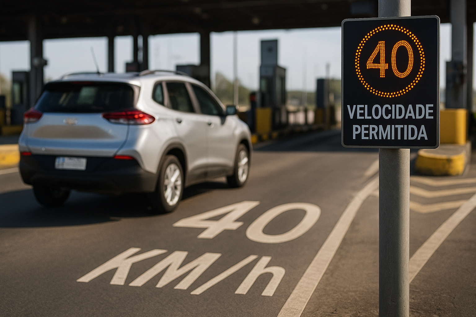 Carro passando por pedágio automático com limite de 40 km/h sinalizado.