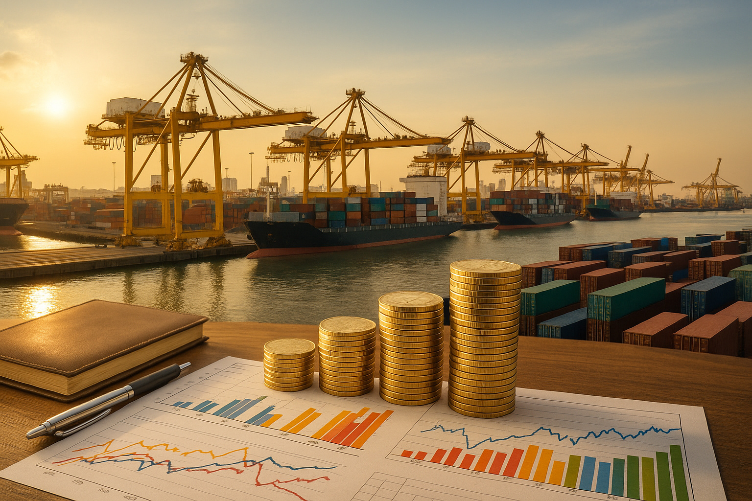 Pilhas de moedas e gráficos de investimentos em destaque diante de porto brasileiro com guindastes e navios cargueiros.