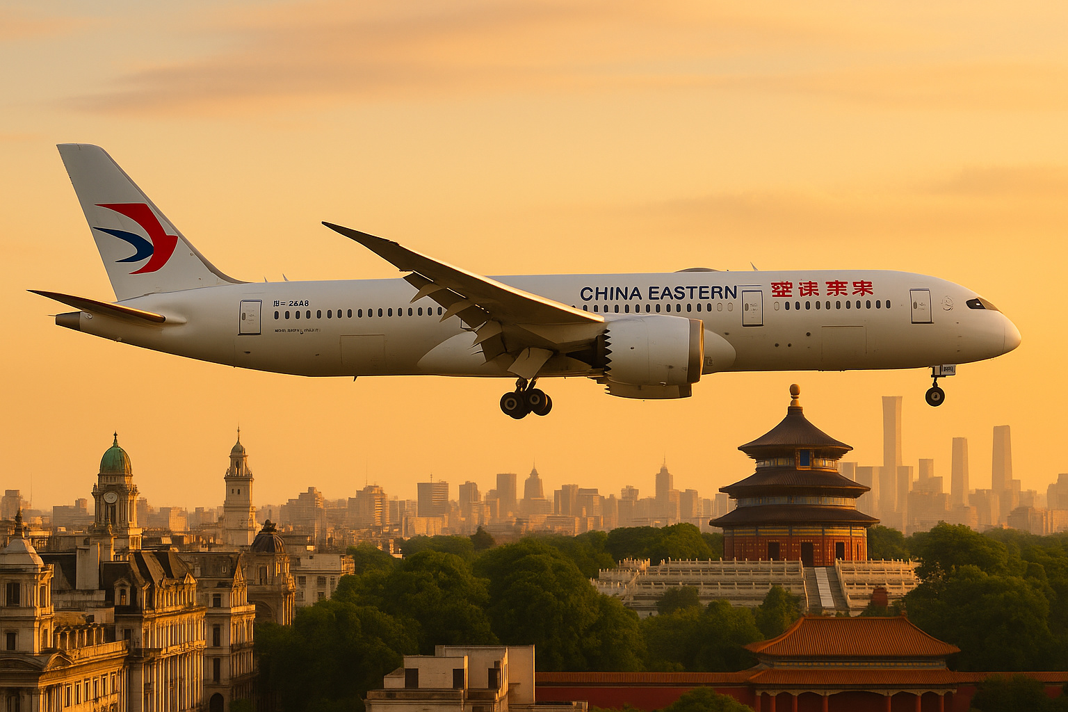 Avião da China Eastern Airlines sobrevoando horizonte que mescla Buenos Aires e Pequim em rota de 29 horas.